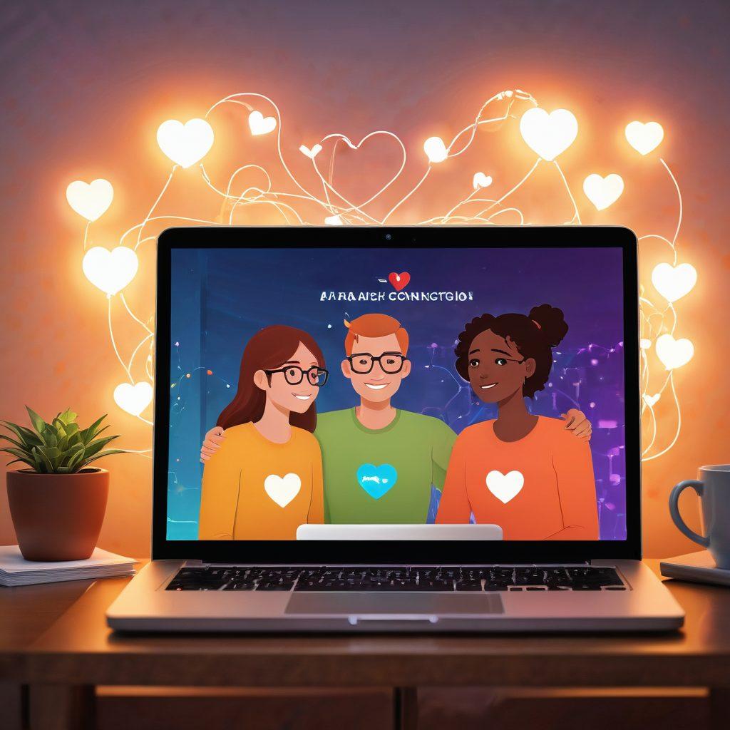 A cozy virtual meeting space, with two stylized avatars engaged in a lively conversation, surrounded by heart icons and connection threads symbolizing online relationships. The background features a softly glowing laptop and inspirational quotes on building connections. Warm colors to evoke emotion and intimacy. vector art. vibrant colors.