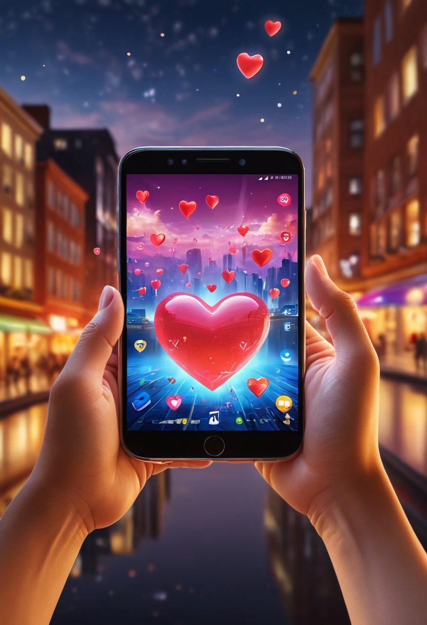 A pair of hands reaching out from a phone screen, symbolizing connection, with digital hearts and emojis floating around. In the background, abstract representations of urban landscapes and social media icons merge into the scene, hinting at modern relationships. The color palette should be vibrant and inviting, illustrating both warmth and technology. super-realistic. vibrant colors.